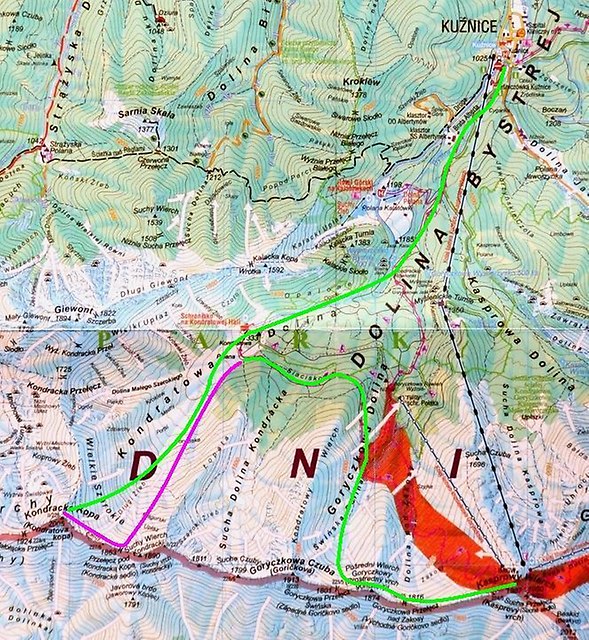 mapa zjazdu z Kasprowego i podejścia na Kopę Kondracką