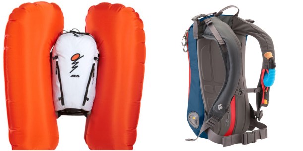 Po lewej airbag ABS z odpalonymi poduchami, po prawej Black Diamond Avalung - przy szelce widać niebieski ustnik Avalung