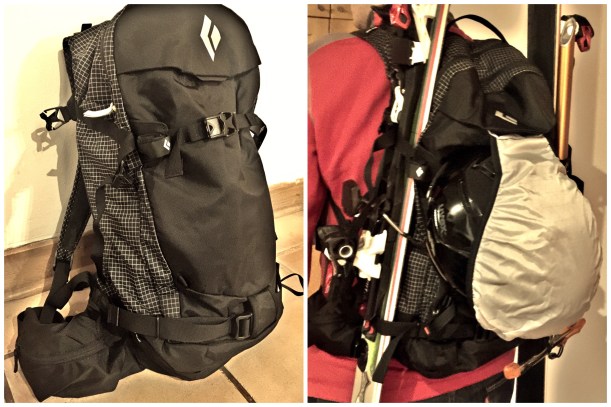 po lewej lekko wypakowany plecak, po prawej na moich plecach, wypakowany, z przyczepionymi nartami, kaskiem i czekanem